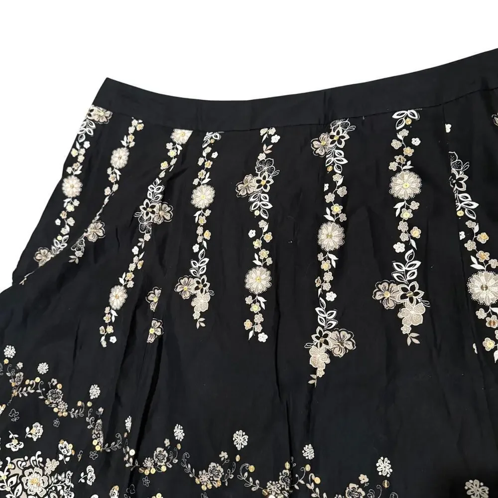 Venezia Black Floral Sequin Beaded Mini Skirt 26 Cotton Cottagecore Summer Plus